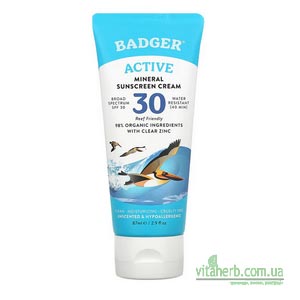 Badger, Активний, мінеральний сонцезахисний крем, SPF 30